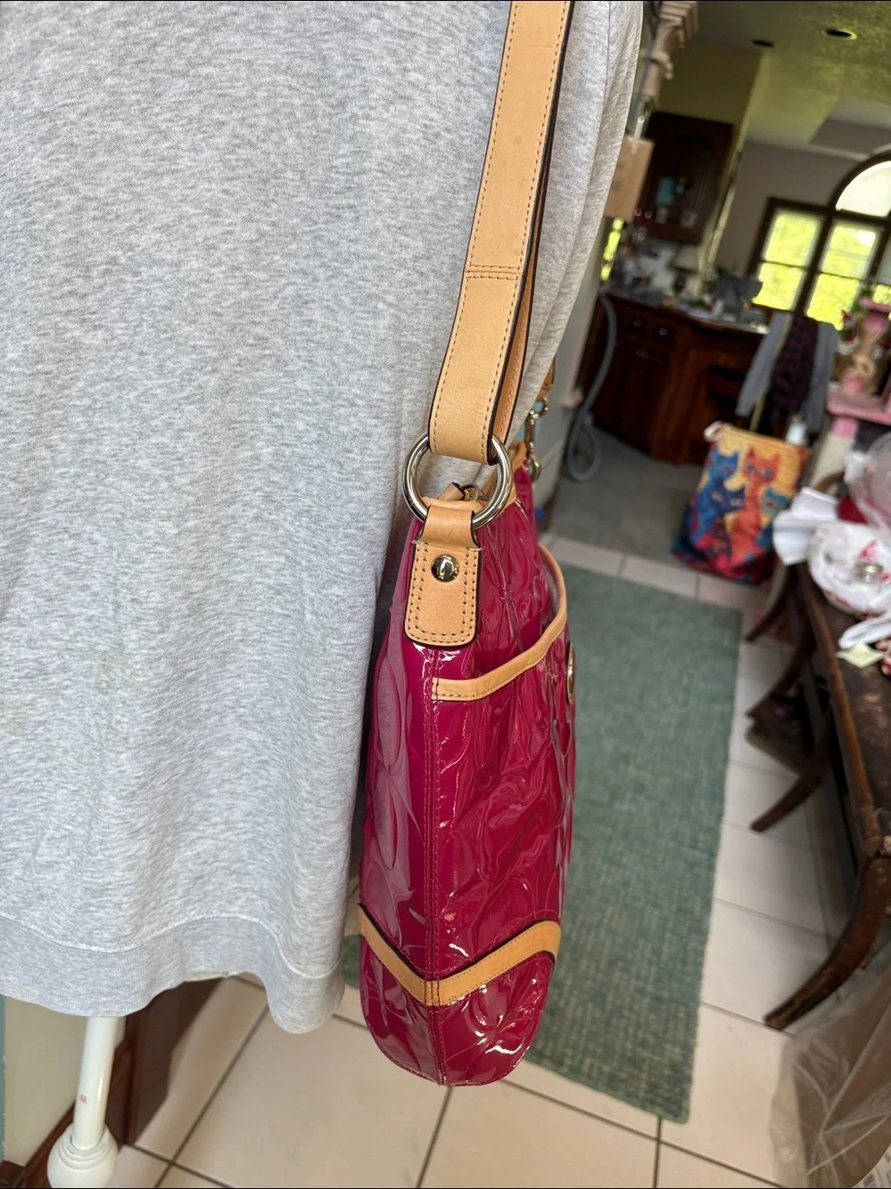 Coach Peyton Patent convertible bag Shoulder/Crossbody Fuchsia /Tan leather Trim